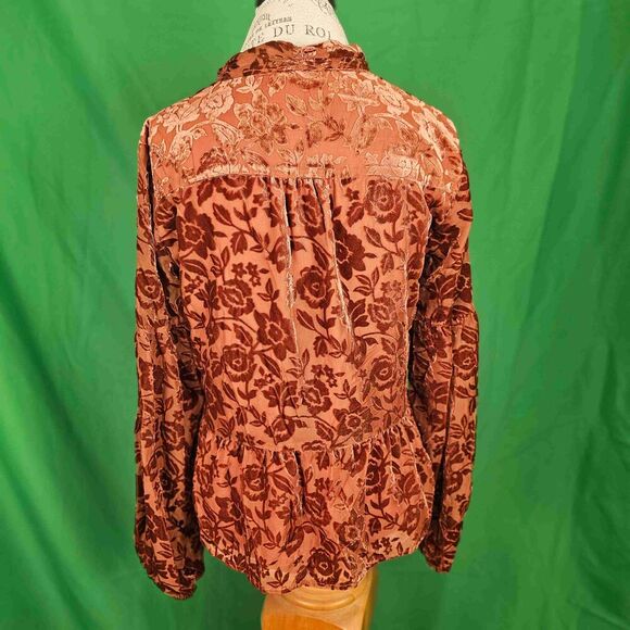 Anthropologie Womens Rust Orange Floral Velvet Tie Neck Blouse Medium - Picture 2 of 6
